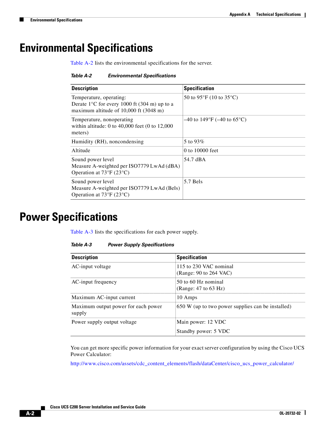 Cisco Systems UCS C200 M1, R2001120402 manual Environmental Specifications, Power Specifications 