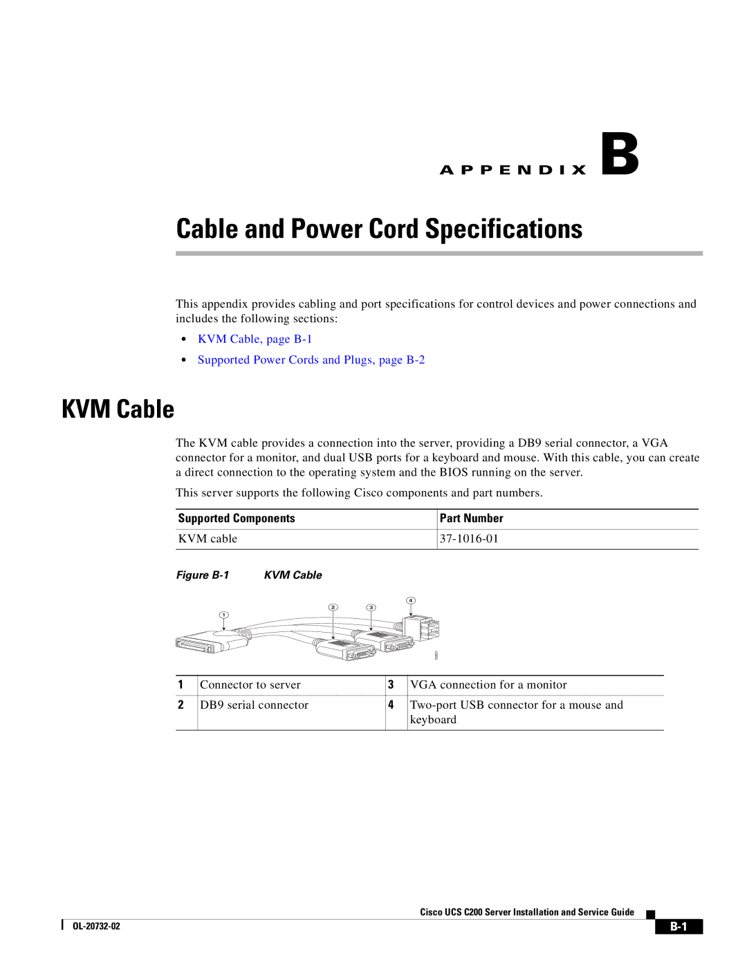 Cisco Systems R2001120402, UCS C200 M1 manual Cable and Power Cord Specifications, KVM Cable 