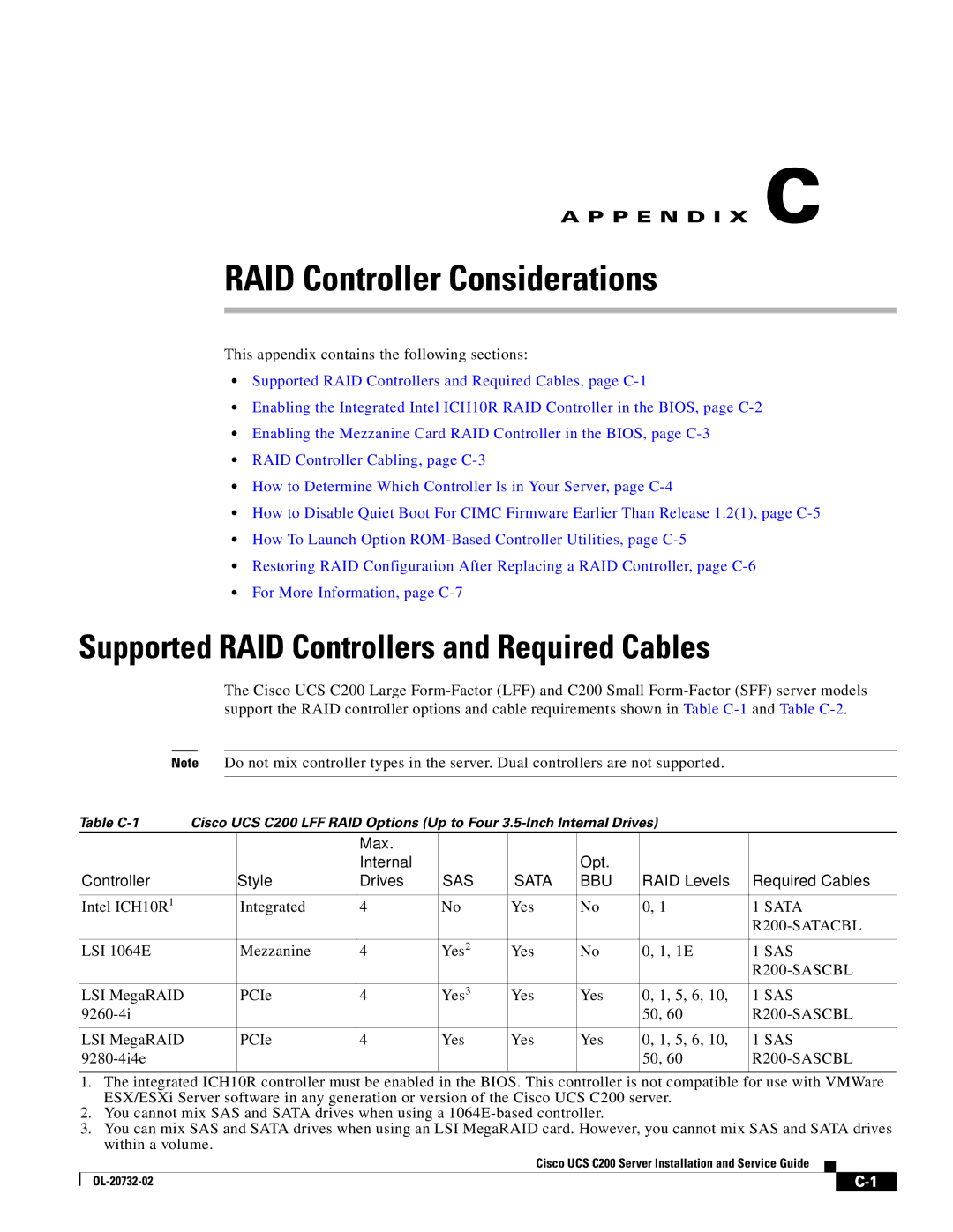 Cisco Systems UCS C200 M1, R2001120402 manual RAID Controller Considerations, Supported RAID Controllers and Required Cables 