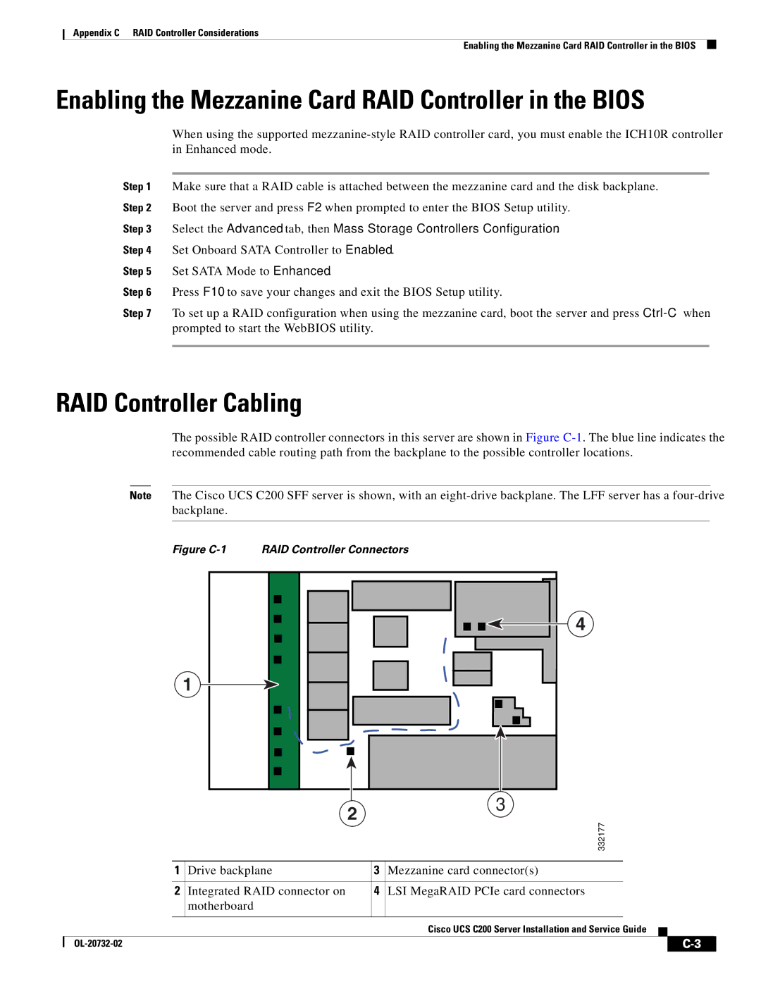 Cisco Systems R2001120402, UCS C200 M1 RAID Controller Cabling, Enabling the Mezzanine Card RAID Controller in the Bios 