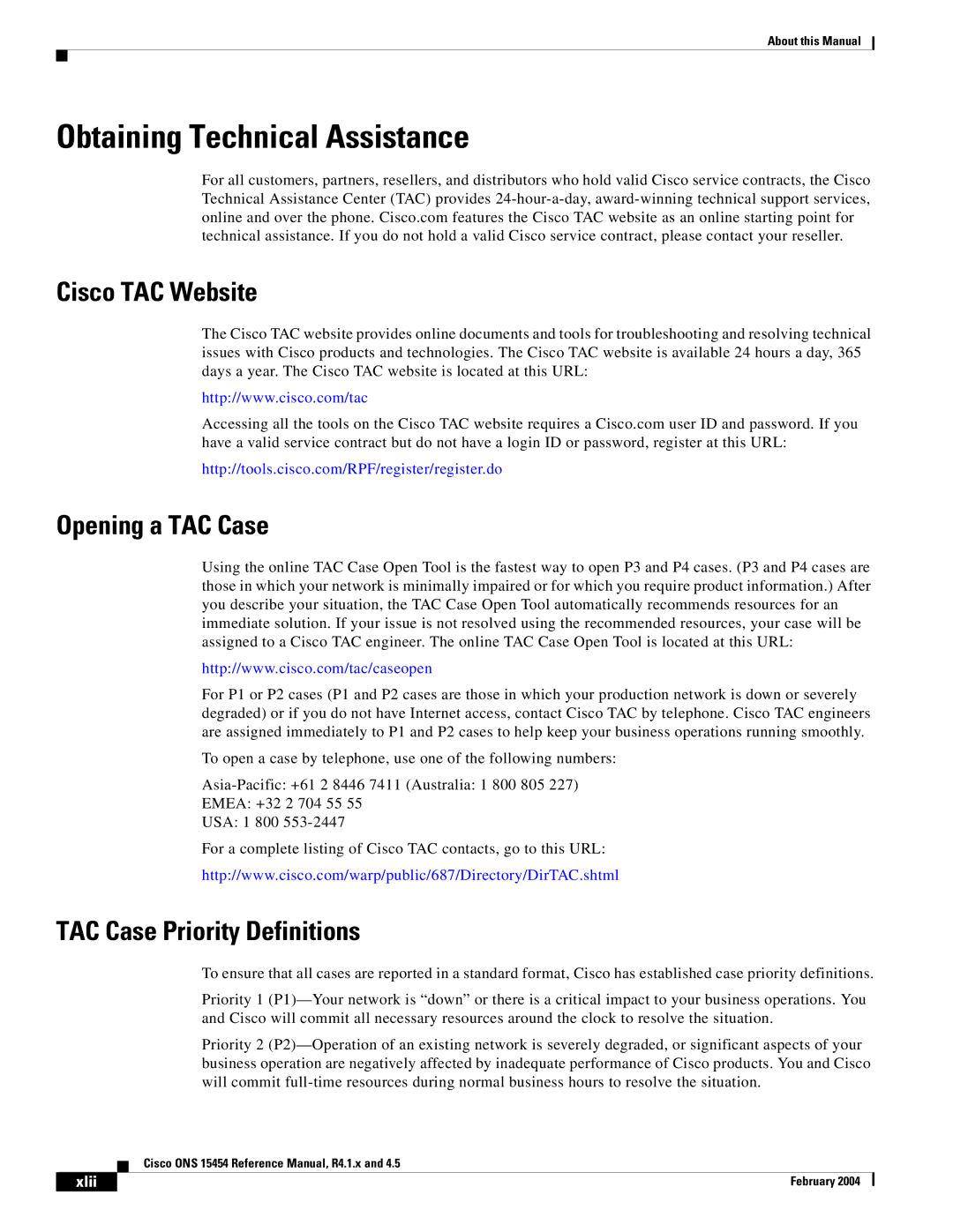 Cisco Systems R4.1.x Obtaining Technical Assistance, Cisco TAC Website, Opening a TAC Case, TAC Case Priority Definitions 