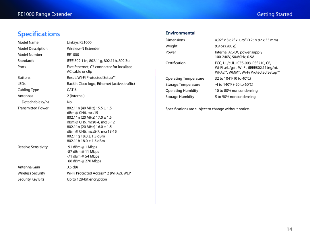 Cisco Systems RE1000 manual Specifications, Environmental 