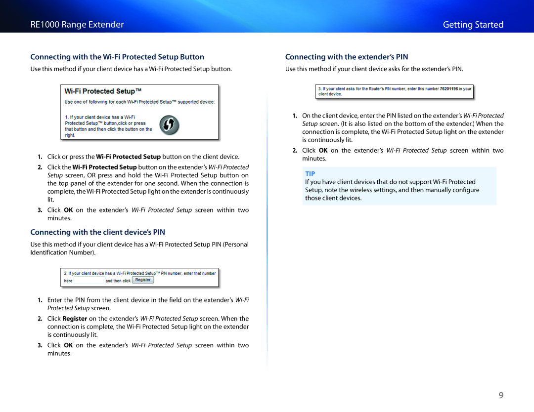 Cisco Systems RE1000 manual Connecting with the client device’s PIN, Connecting with the extender’s PIN 