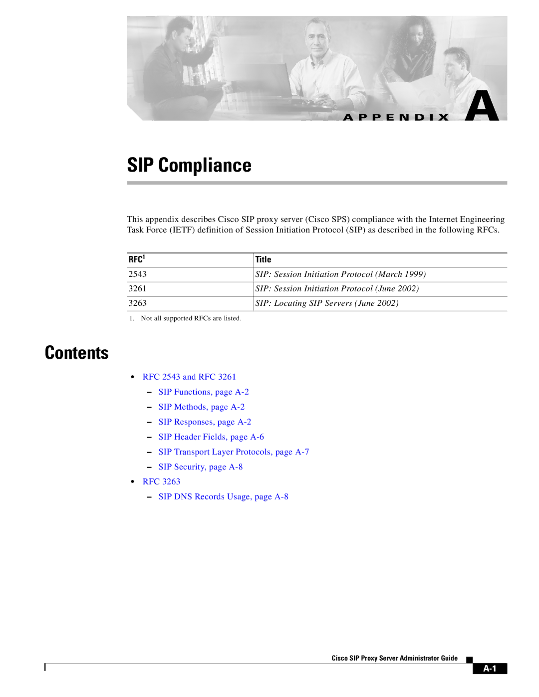 Cisco Systems RFC 2543 and RFC 3261 appendix SIP Compliance, Contents 