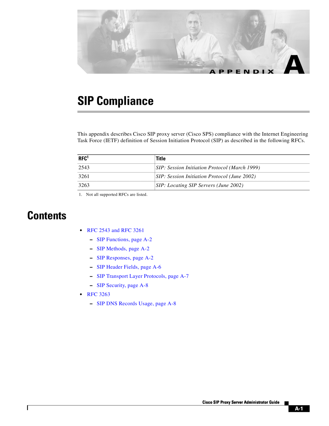 Cisco Systems RFC 2543 and RFC 3261 appendix Contents, RFC1, Title, SIP Compliance, A P P E N D I X A 