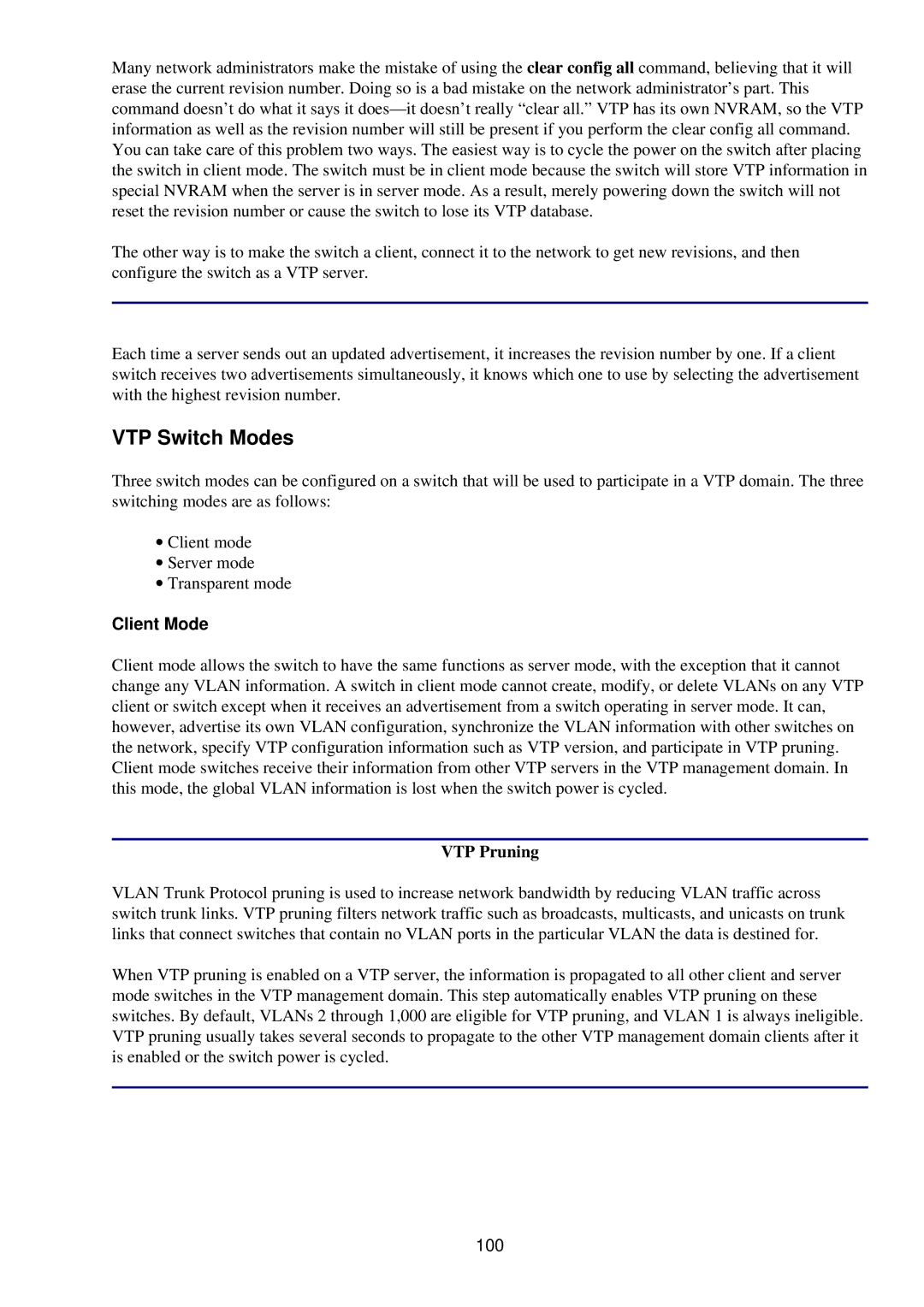 Cisco Systems RJ-45-to-AUX manual VTP Switch Modes, Client Mode, VTP Pruning, 100 