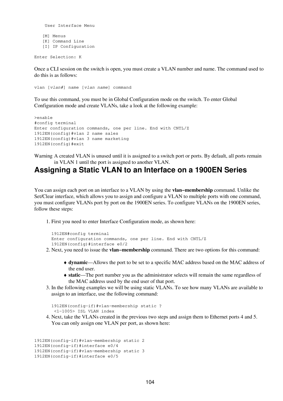 Cisco Systems RJ-45-to-AUX manual Assigning a Static Vlan to an Interface on a 1900EN Series, 104 