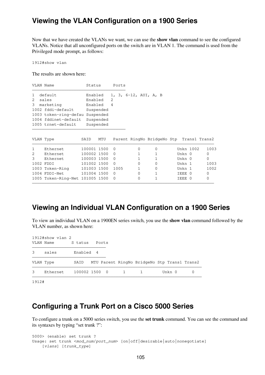 Cisco Systems RJ-45-to-AUX manual Viewing the Vlan Configuration on a 1900 Series, Results are shown here, 105 