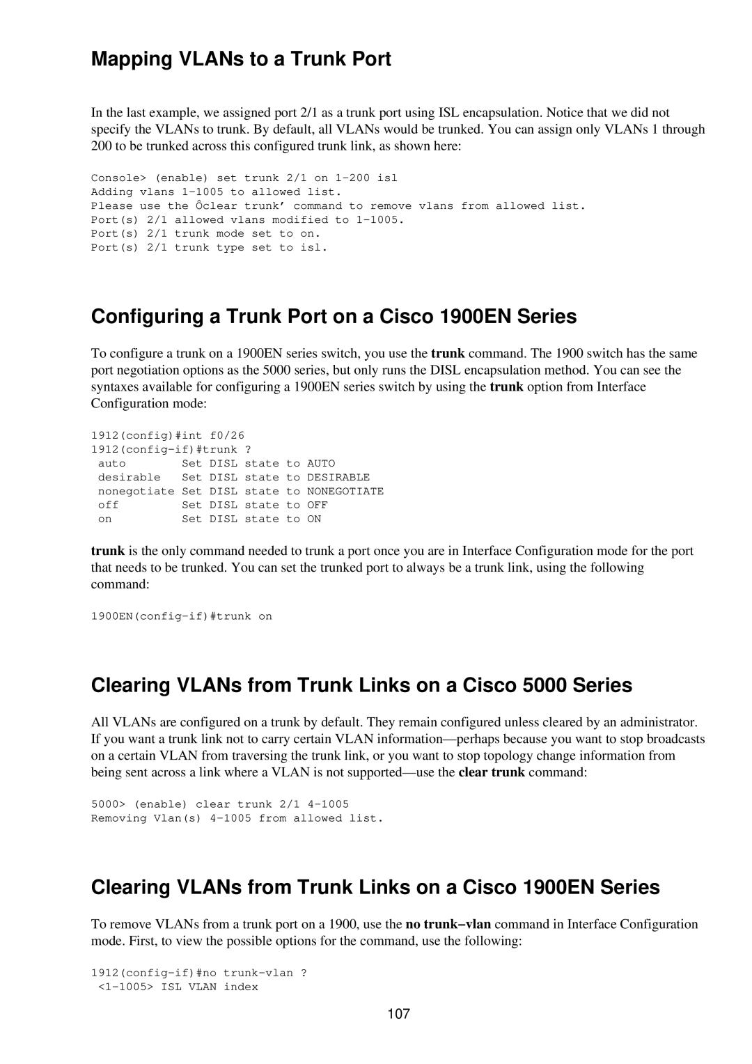 Cisco Systems RJ-45-to-AUX manual Mapping VLANs to a Trunk Port, Configuring a Trunk Port on a Cisco 1900EN Series, 107 