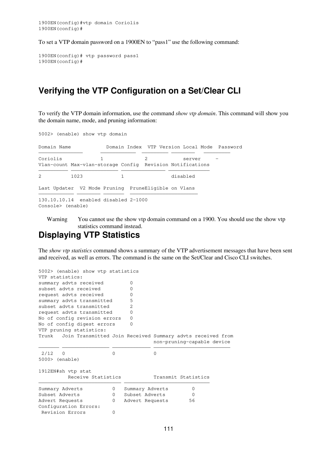 Cisco Systems RJ-45-to-AUX manual Verifying the VTP Configuration on a Set/Clear CLI, Displaying VTP Statistics, 111 