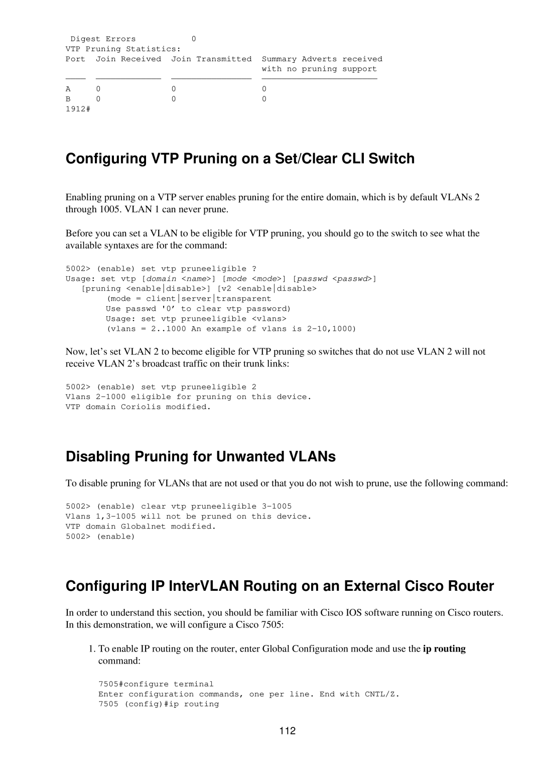 Cisco Systems RJ-45-to-AUX Configuring VTP Pruning on a Set/Clear CLI Switch, Disabling Pruning for Unwanted VLANs, 112 