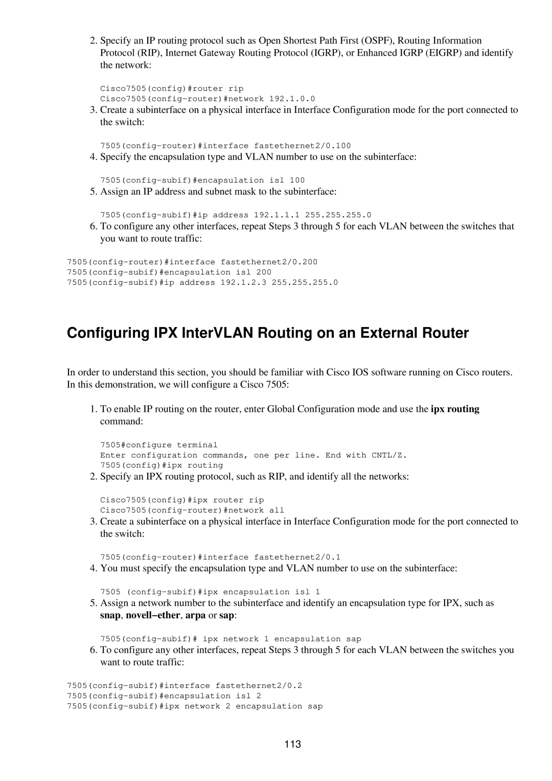 Cisco Systems RJ-45-to-AUX manual Configuring IPX InterVLAN Routing on an External Router, 113 