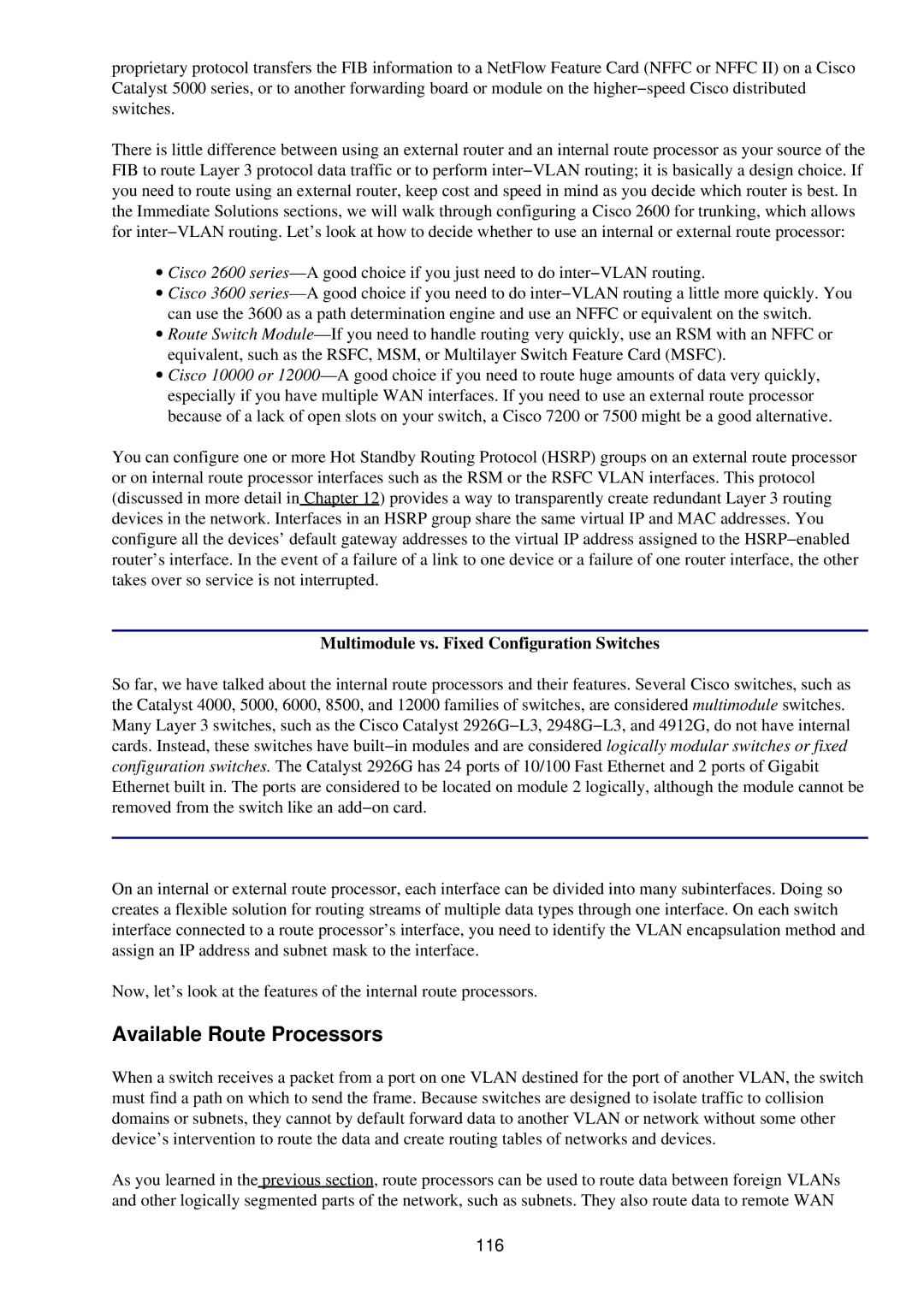 Cisco Systems RJ-45-to-AUX manual Available Route Processors, Multimodule vs. Fixed Configuration Switches, 116 