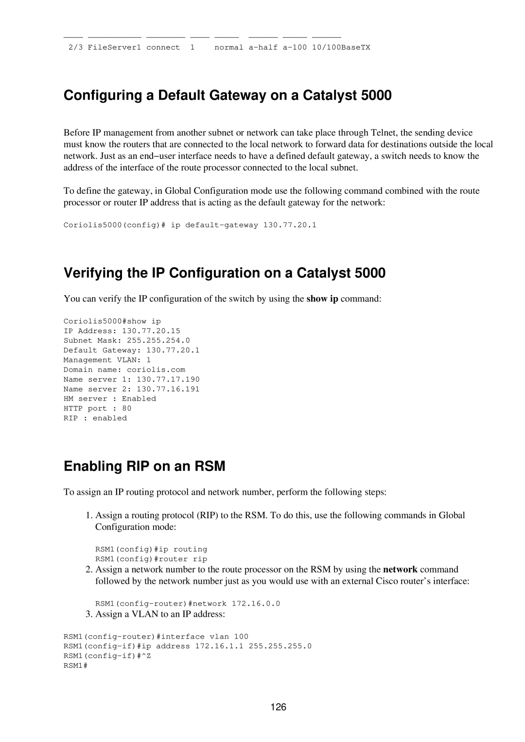 Cisco Systems RJ-45-to-AUX Configuring a Default Gateway on a Catalyst, Verifying the IP Configuration on a Catalyst, 126 