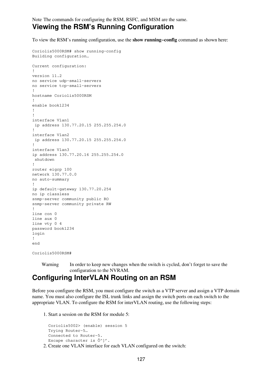 Cisco Systems RJ-45-to-AUX manual Viewing the RSM’s Running Configuration, Configuring InterVLAN Routing on an RSM, 127 