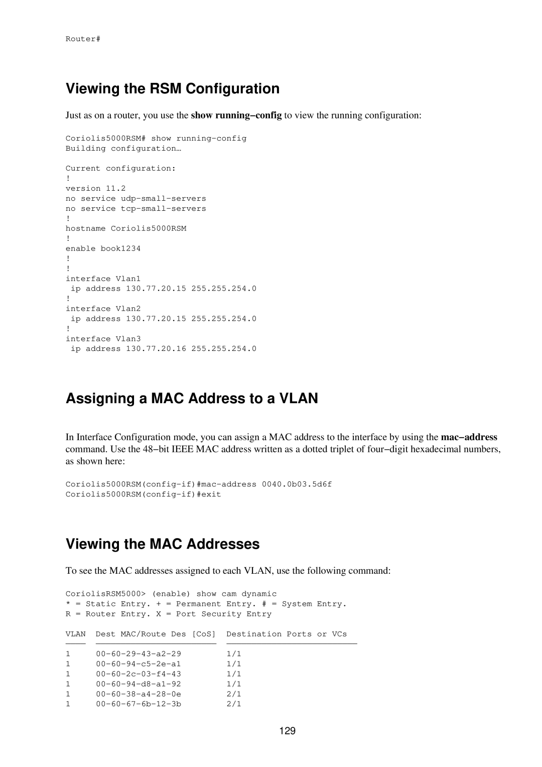 Cisco Systems RJ-45-to-AUX Viewing the RSM Configuration, Assigning a MAC Address to a Vlan, Viewing the MAC Addresses 