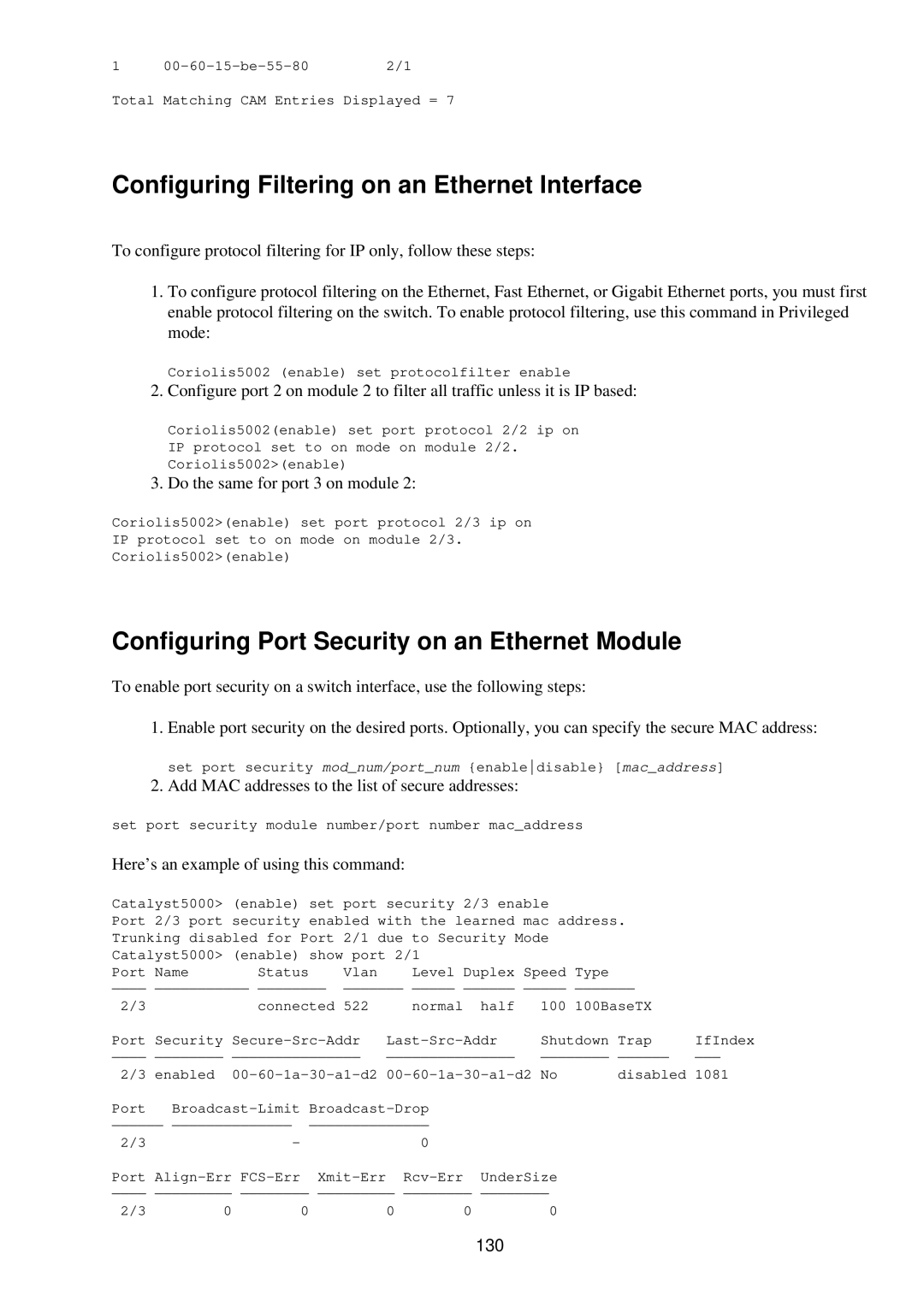 Cisco Systems RJ-45-to-AUX Configuring Filtering on an Ethernet Interface, Configuring Port Security on an Ethernet Module 