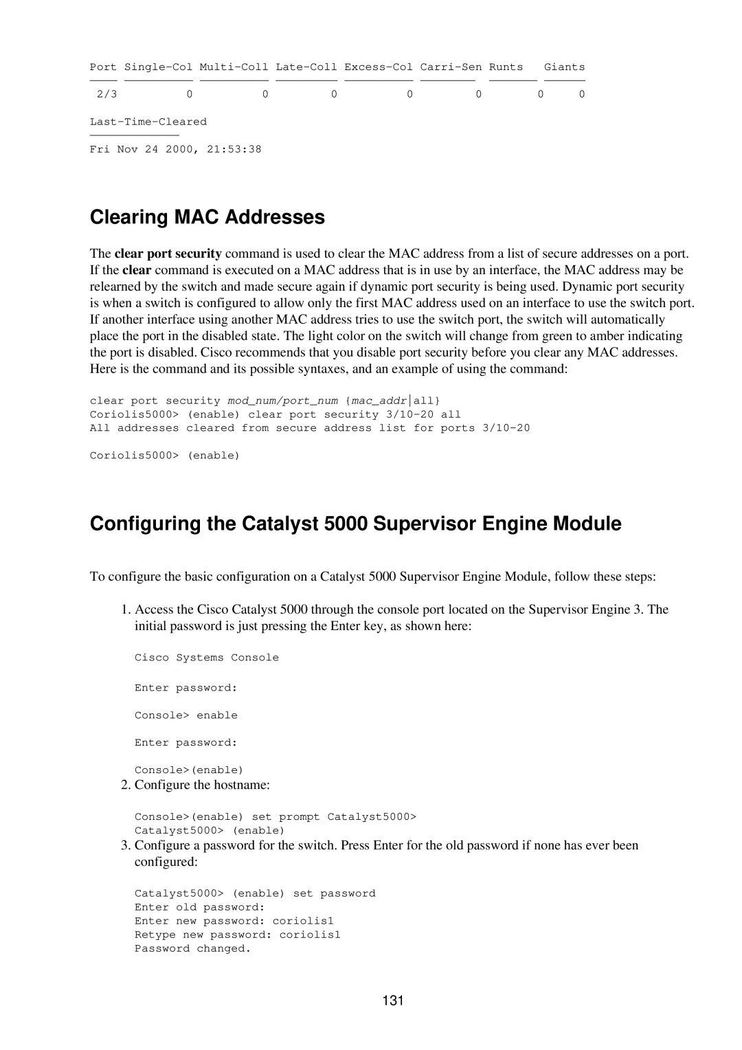 Cisco Systems RJ-45-to-AUX manual Clearing MAC Addresses, Configuring the Catalyst 5000 Supervisor Engine Module, 131 