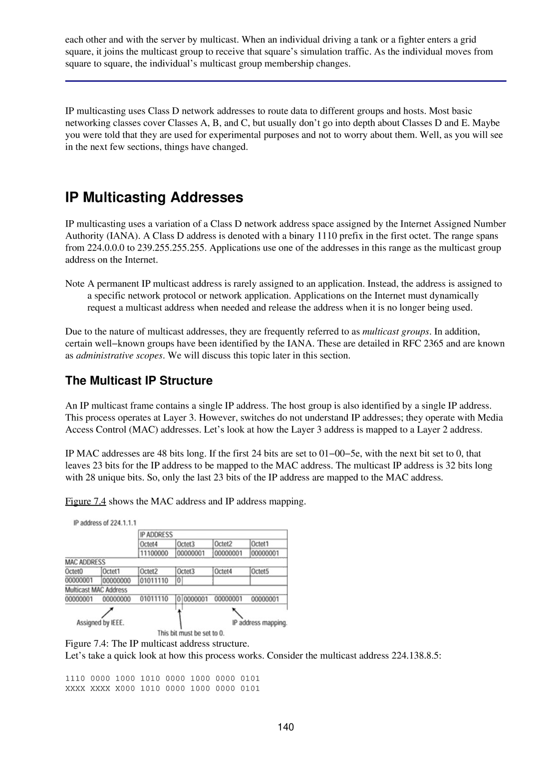 Cisco Systems RJ-45-to-AUX manual IP Multicasting Addresses, Multicast IP Structure, 140 