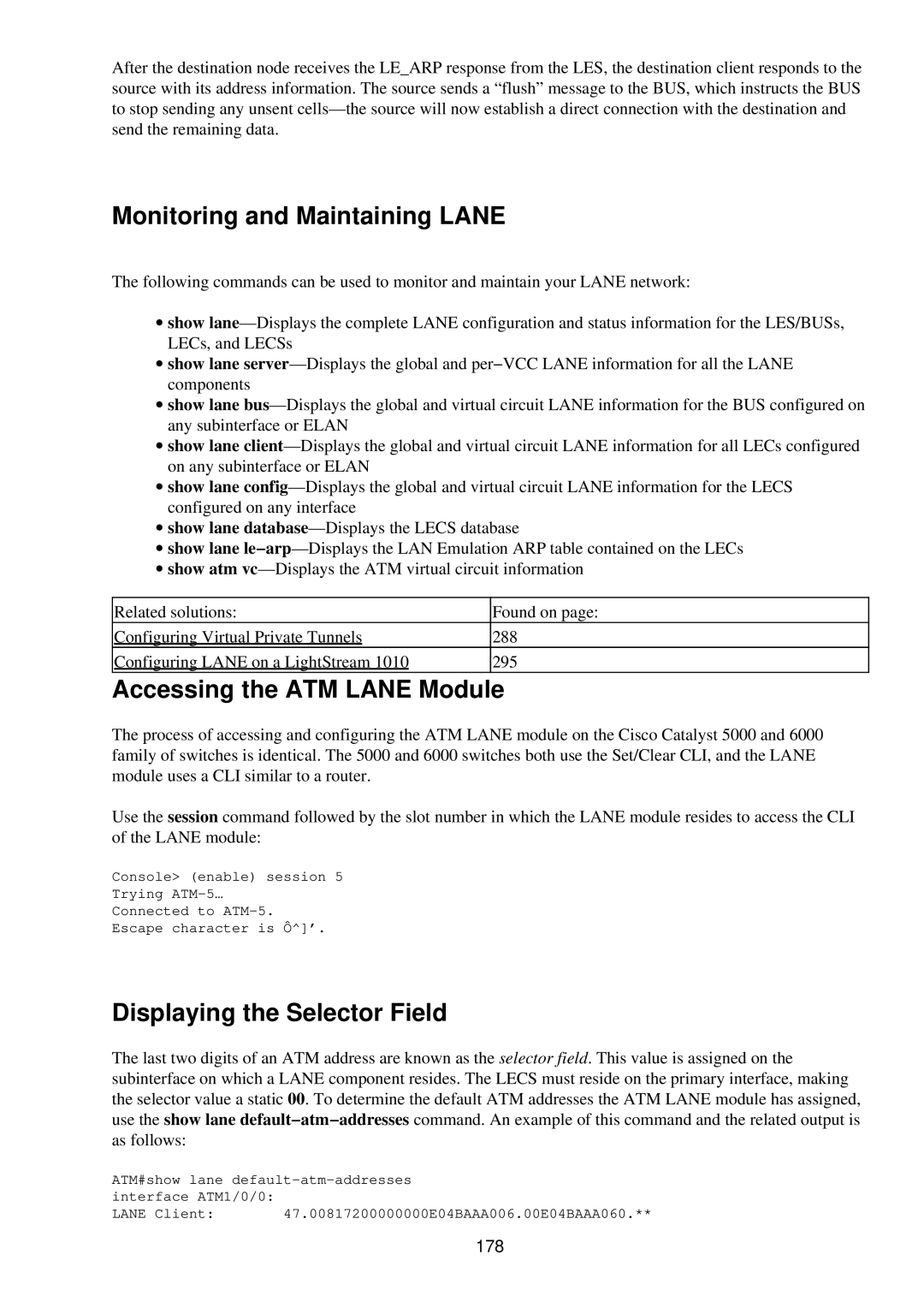 Cisco Systems RJ-45-to-AUX Monitoring and Maintaining Lane, Accessing the ATM Lane Module, Displaying the Selector Field 