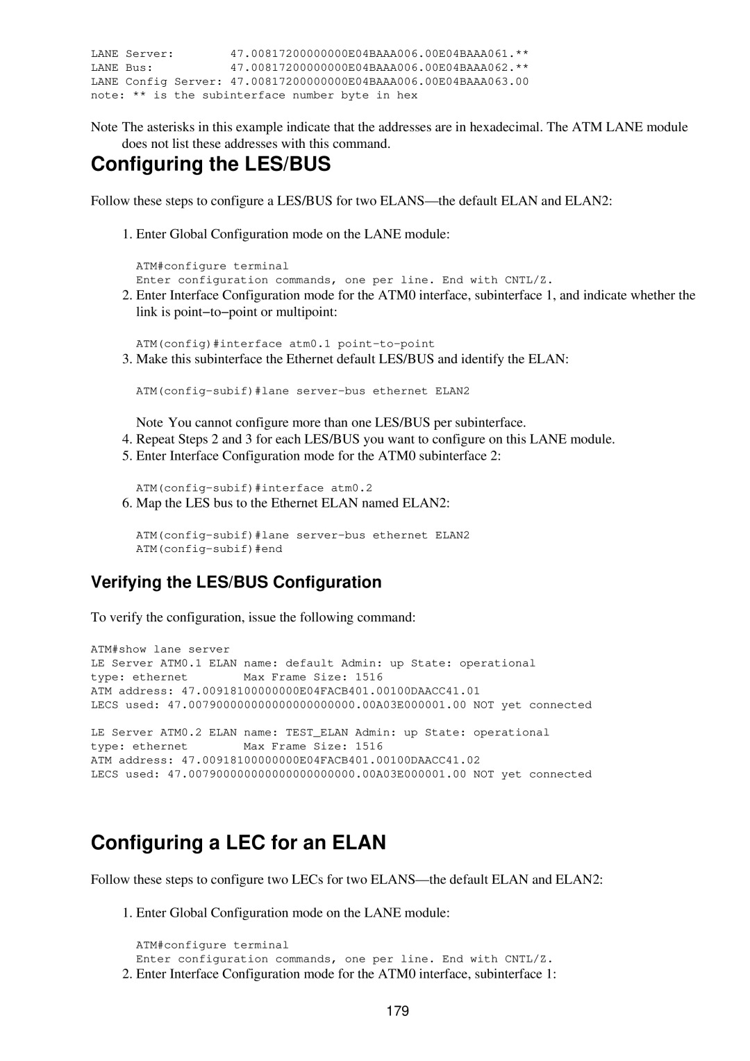 Cisco Systems RJ-45-to-AUX Configuring the LES/BUS, Configuring a LEC for an Elan, Verifying the LES/BUS Configuration 