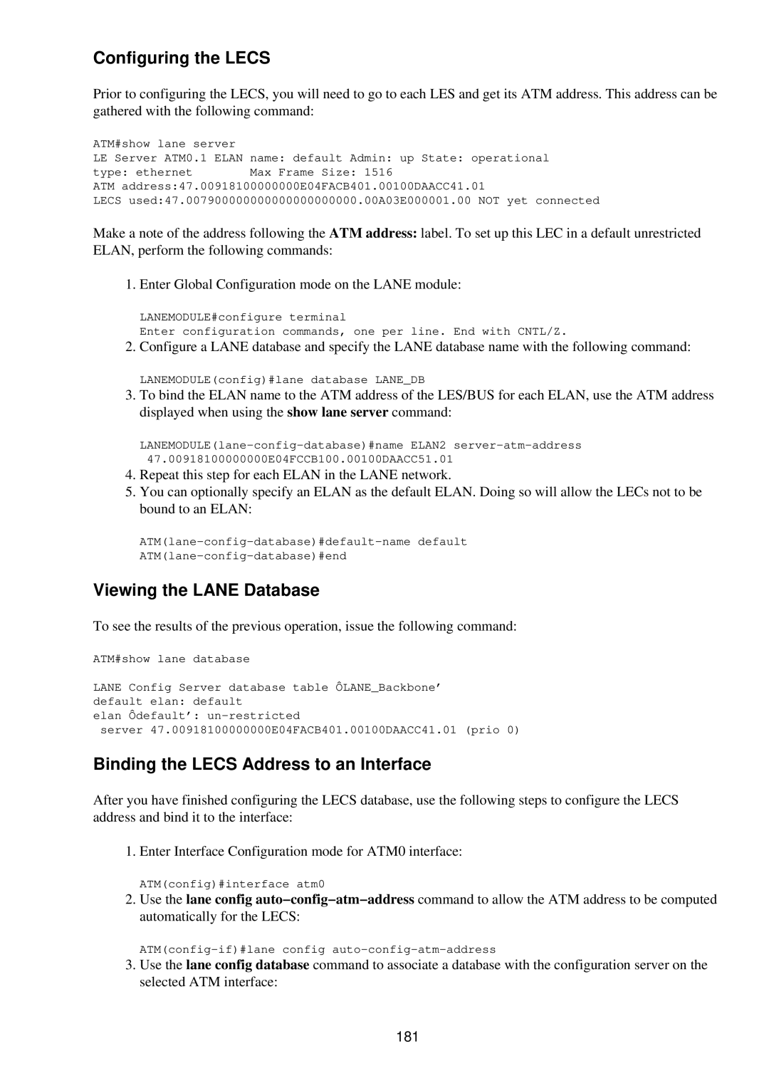 Cisco Systems RJ-45-to-AUX Configuring the Lecs, Viewing the Lane Database, Binding the Lecs Address to an Interface, 181 