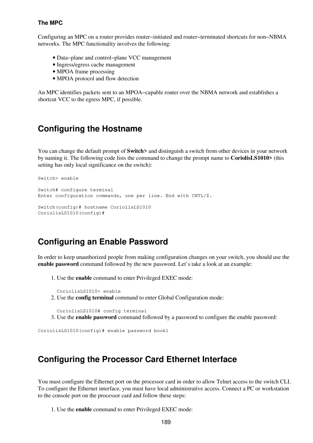 Cisco Systems RJ-45-to-AUX manual Configuring the Hostname, Configuring an Enable Password, Mpc, 189 