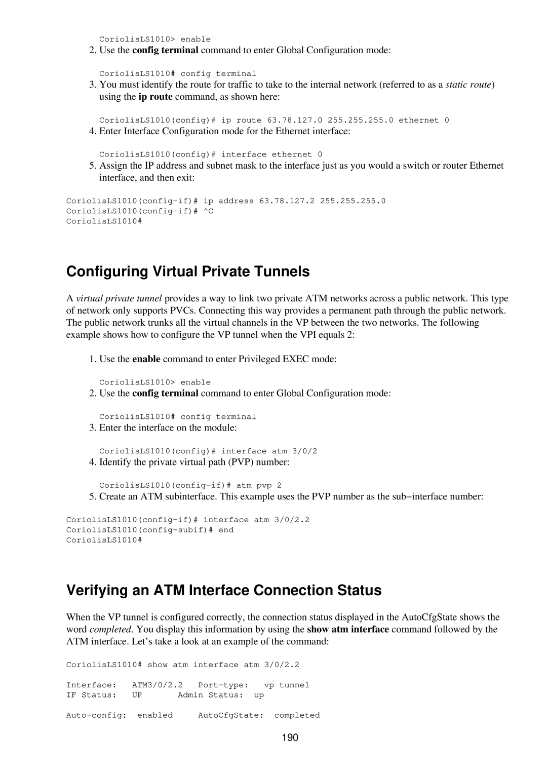 Cisco Systems RJ-45-to-AUX manual Configuring Virtual Private Tunnels, Verifying an ATM Interface Connection Status, 190 