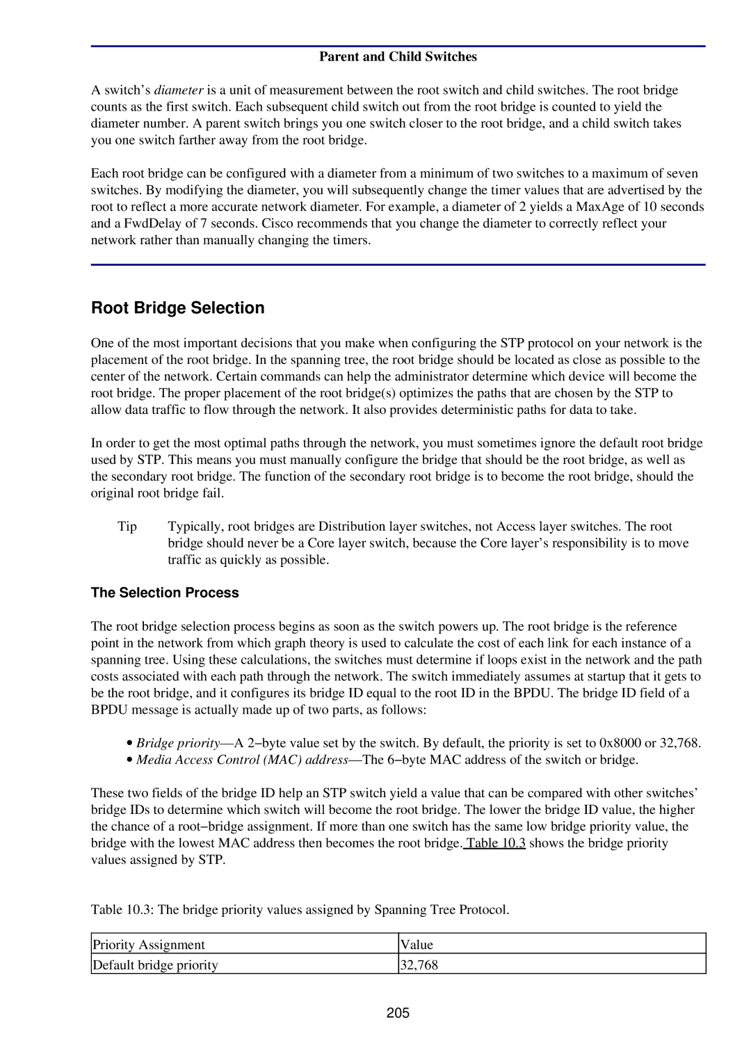 Cisco Systems RJ-45-to-AUX manual Root Bridge Selection, Parent and Child Switches, Selection Process, 205 