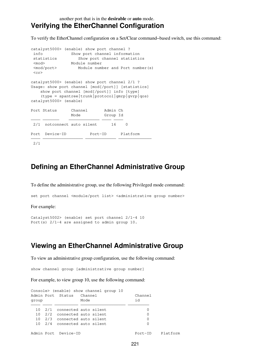 Cisco Systems RJ-45-to-AUX Verifying the EtherChannel Configuration, Defining an EtherChannel Administrative Group, 221 