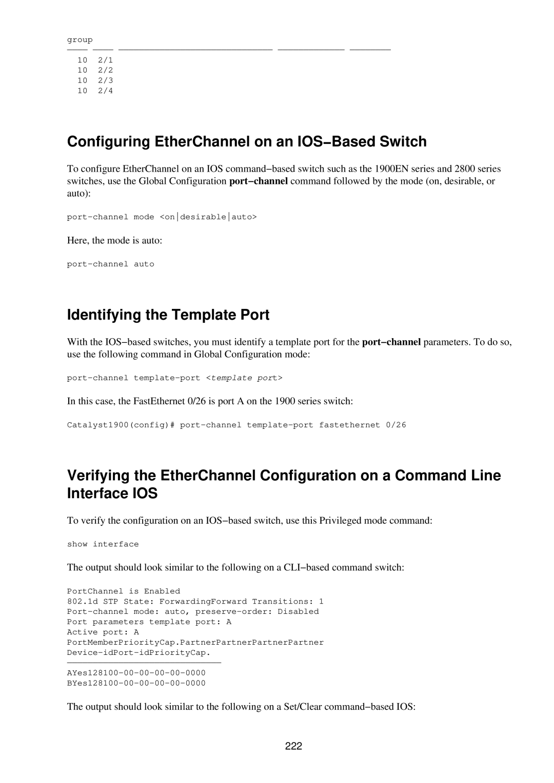 Cisco Systems RJ-45-to-AUX manual Configuring EtherChannel on an IOS−Based Switch, Identifying the Template Port, 222 