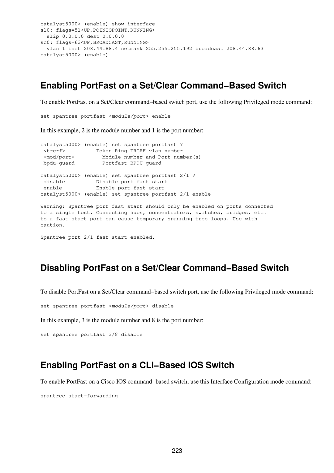 Cisco Systems RJ-45-to-AUX manual Enabling PortFast on a Set/Clear Command−Based Switch, 223 