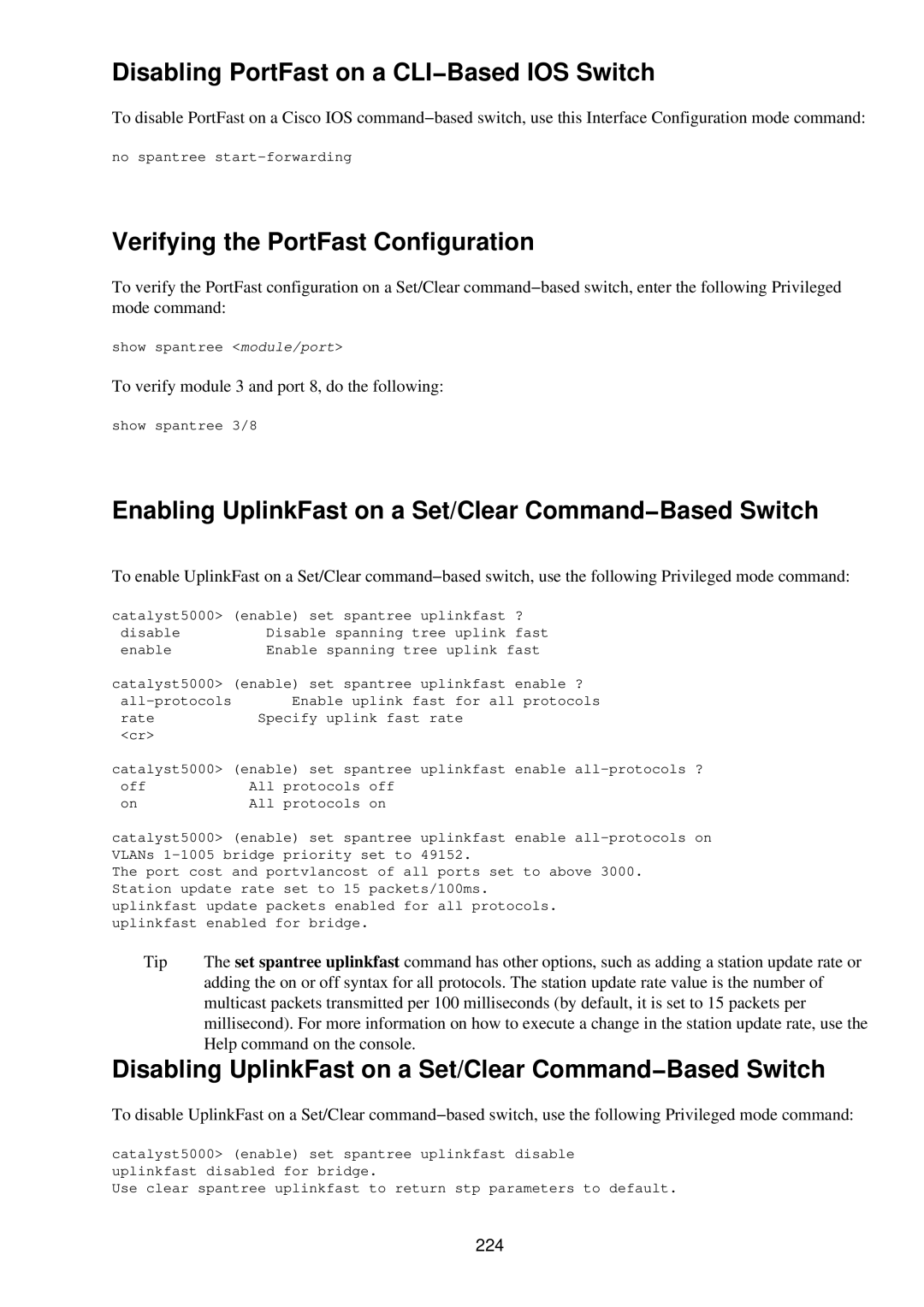 Cisco Systems RJ-45-to-AUX manual Disabling PortFast on a CLI−Based IOS Switch, Verifying the PortFast Configuration, 224 