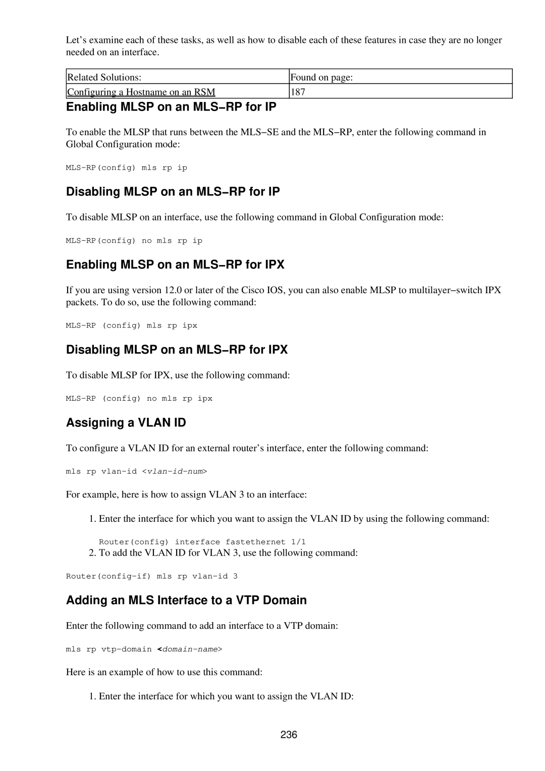 Cisco Systems RJ-45-to-AUX Enabling Mlsp on an MLS−RP for IP, Disabling Mlsp on an MLS−RP for IP, Assigning a Vlan ID 