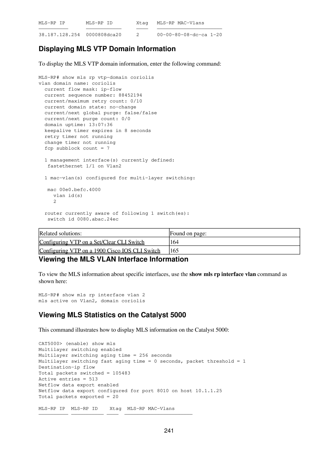 Cisco Systems RJ-45-to-AUX manual Displaying MLS VTP Domain Information, Viewing the MLS Vlan Interface Information, 241 