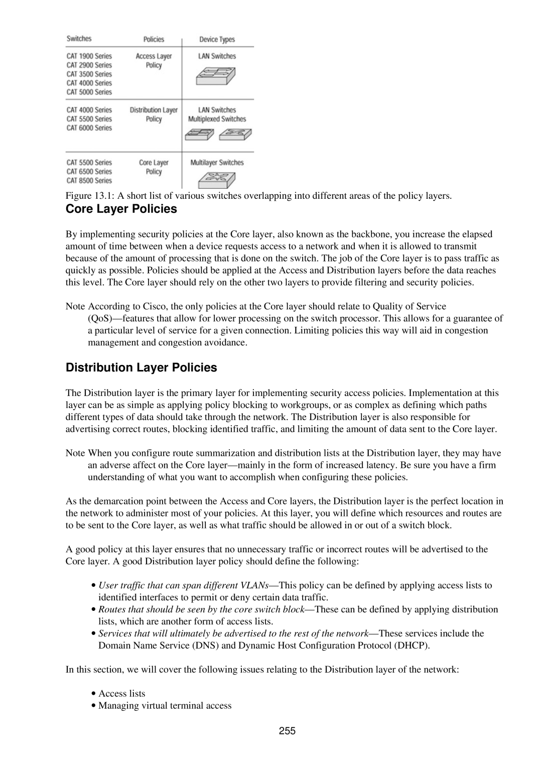 Cisco Systems RJ-45-to-AUX manual Core Layer Policies, Distribution Layer Policies, 255 