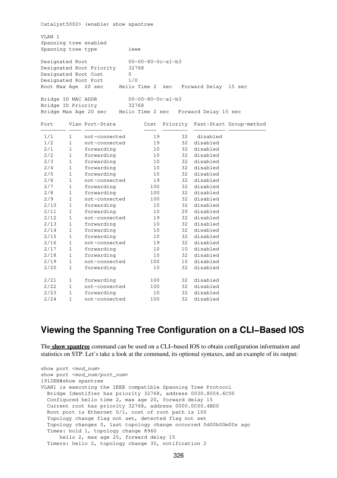 Cisco Systems RJ-45-to-AUX manual Viewing the Spanning Tree Configuration on a CLI−Based IOS, 326 