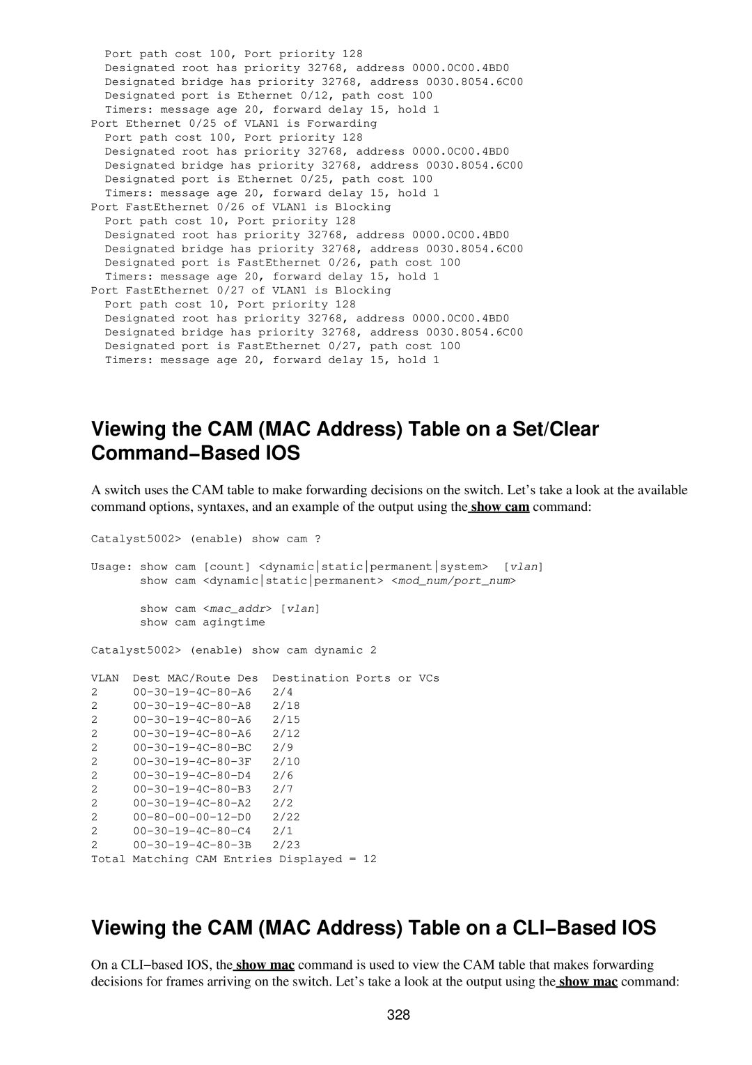 Cisco Systems RJ-45-to-AUX manual Viewing the CAM MAC Address Table on a CLI−Based IOS, 328 