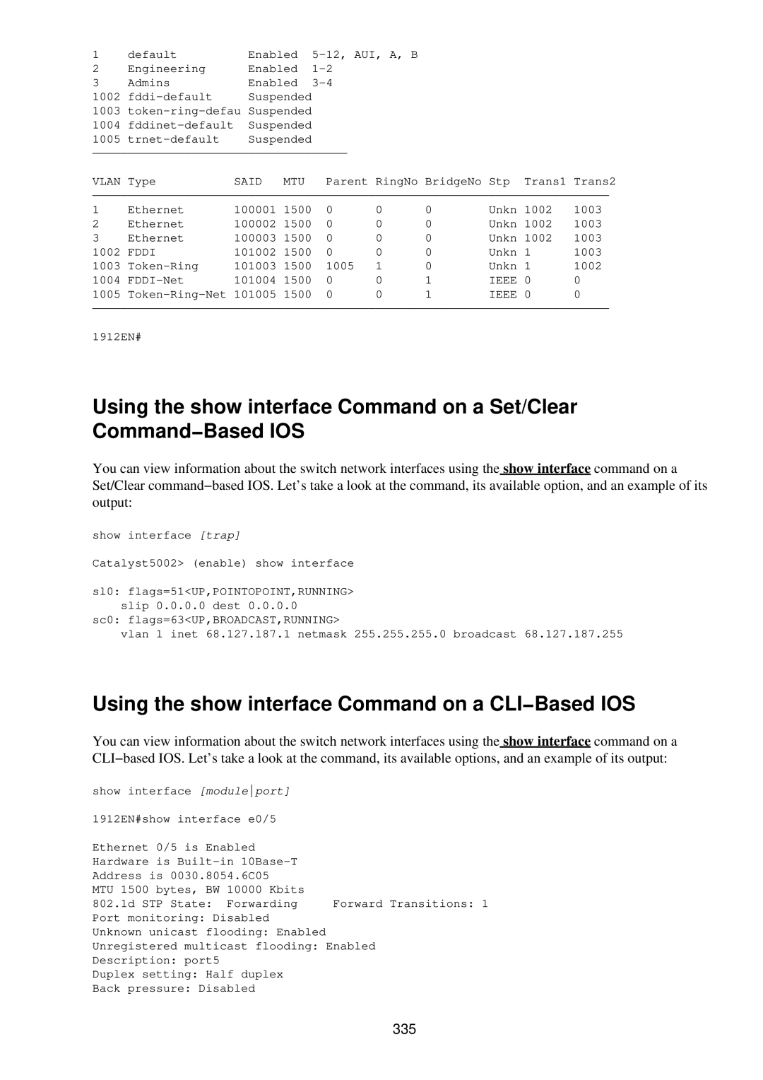 Cisco Systems RJ-45-to-AUX manual Using the show interface Command on a CLI−Based IOS, 335 