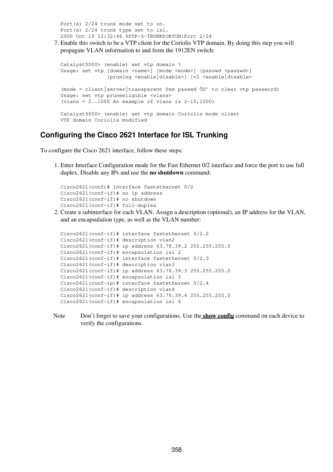 Cisco Systems RJ-45-to-AUX manual Configuring the Cisco 2621 Interface for ISL Trunking, Verify the configurations, 358 