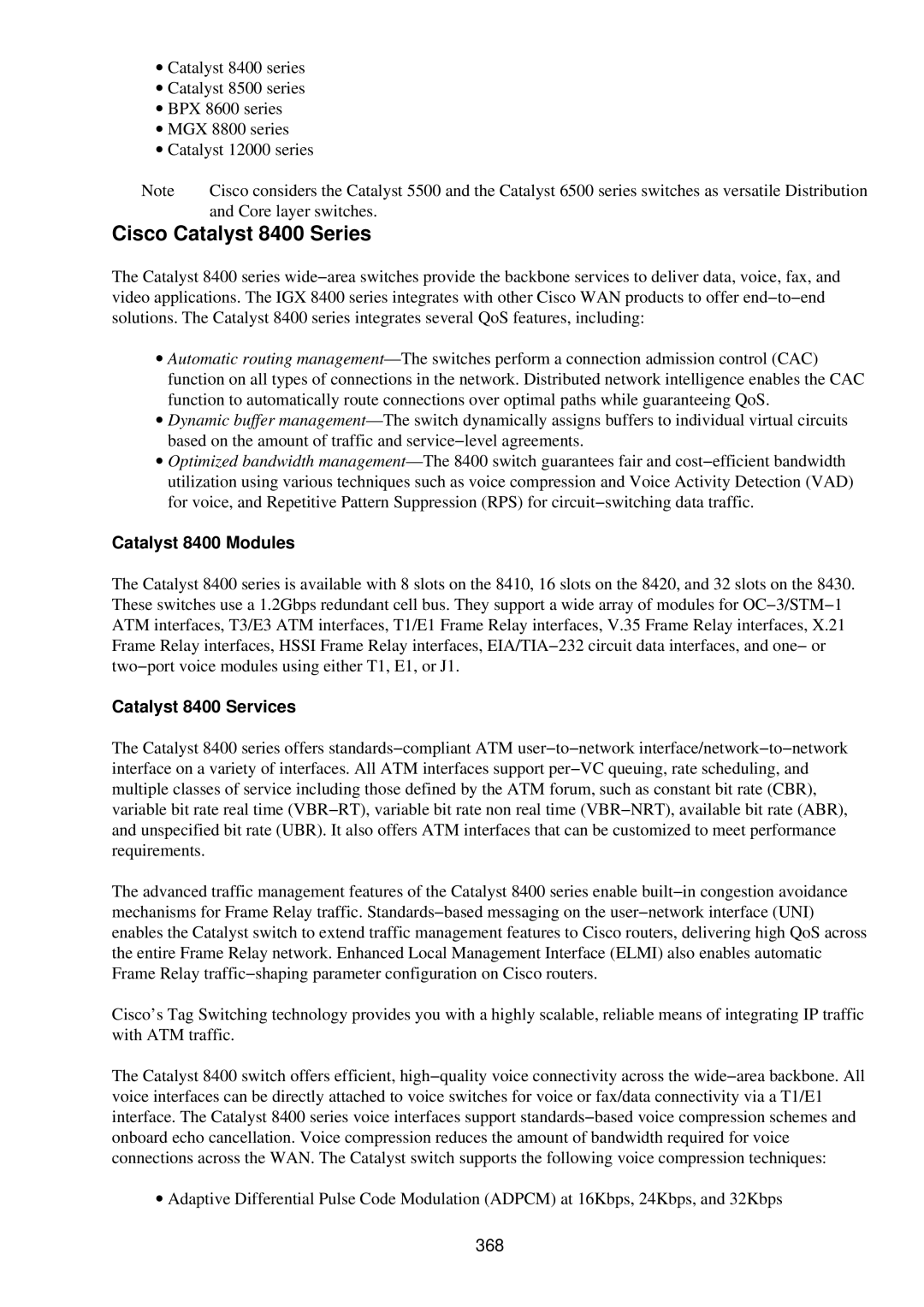 Cisco Systems RJ-45-to-AUX manual Cisco Catalyst 8400 Series, Catalyst 8400 Modules, Catalyst 8400 Services, 368 