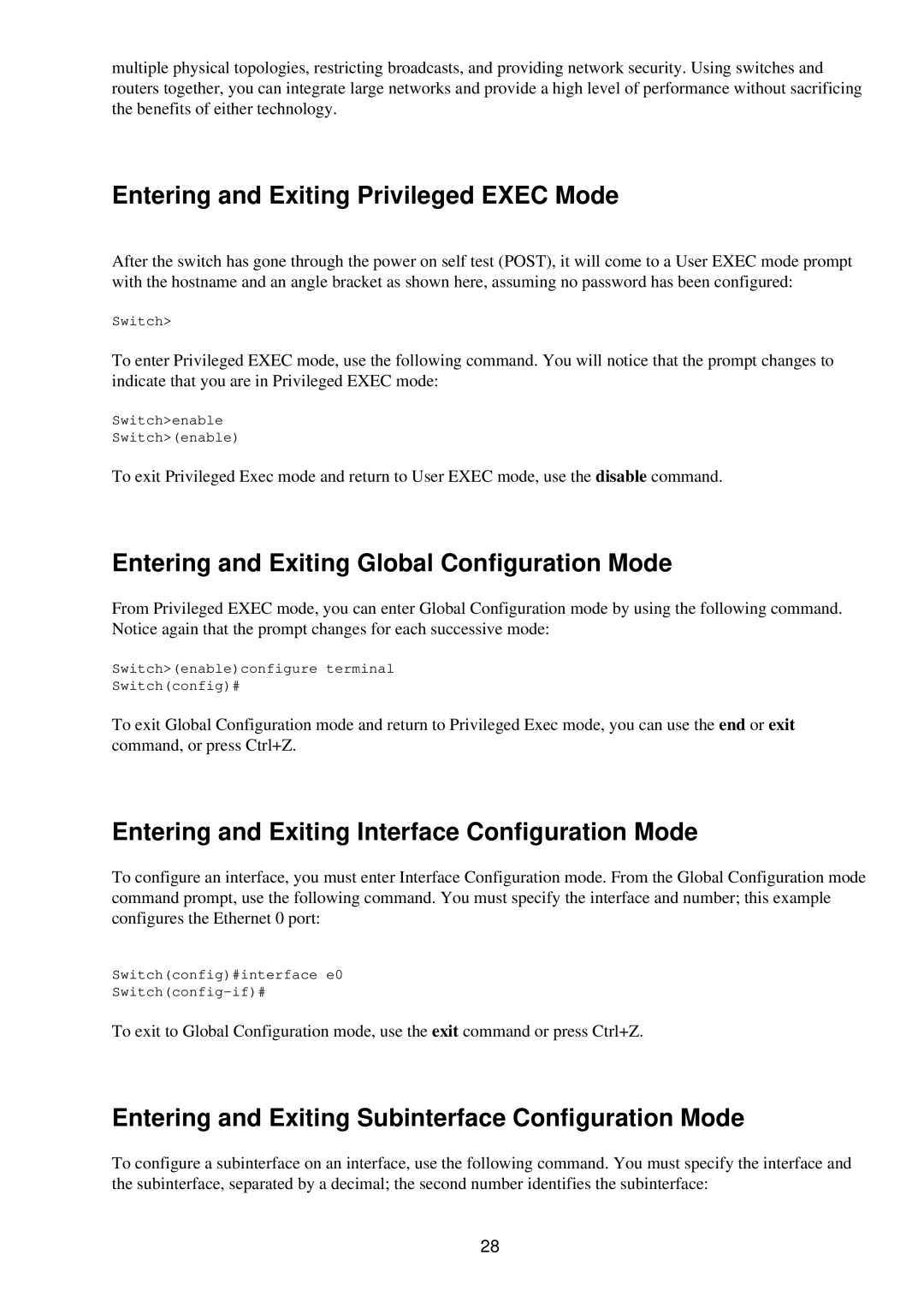 Cisco Systems RJ-45-to-AUX manual Entering and Exiting Privileged Exec Mode, Entering and Exiting Global Configuration Mode 