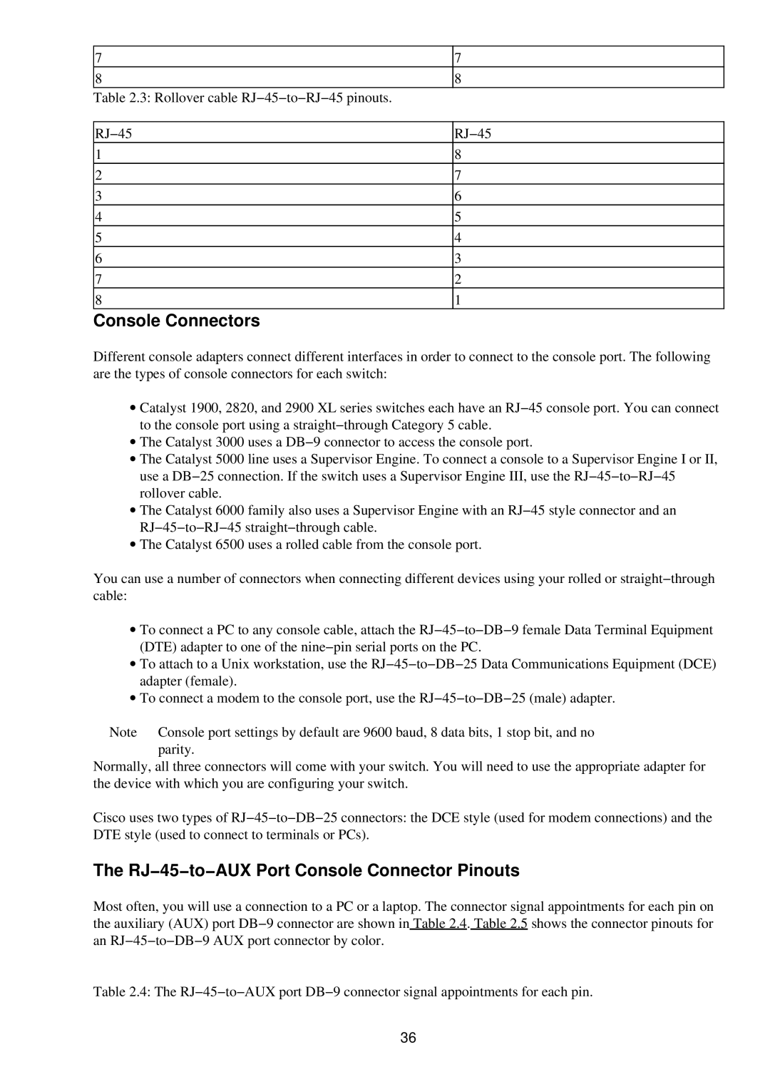 Cisco Systems RJ-45-to-AUX manual Console Connectors, RJ−45−to−AUX Port Console Connector Pinouts 