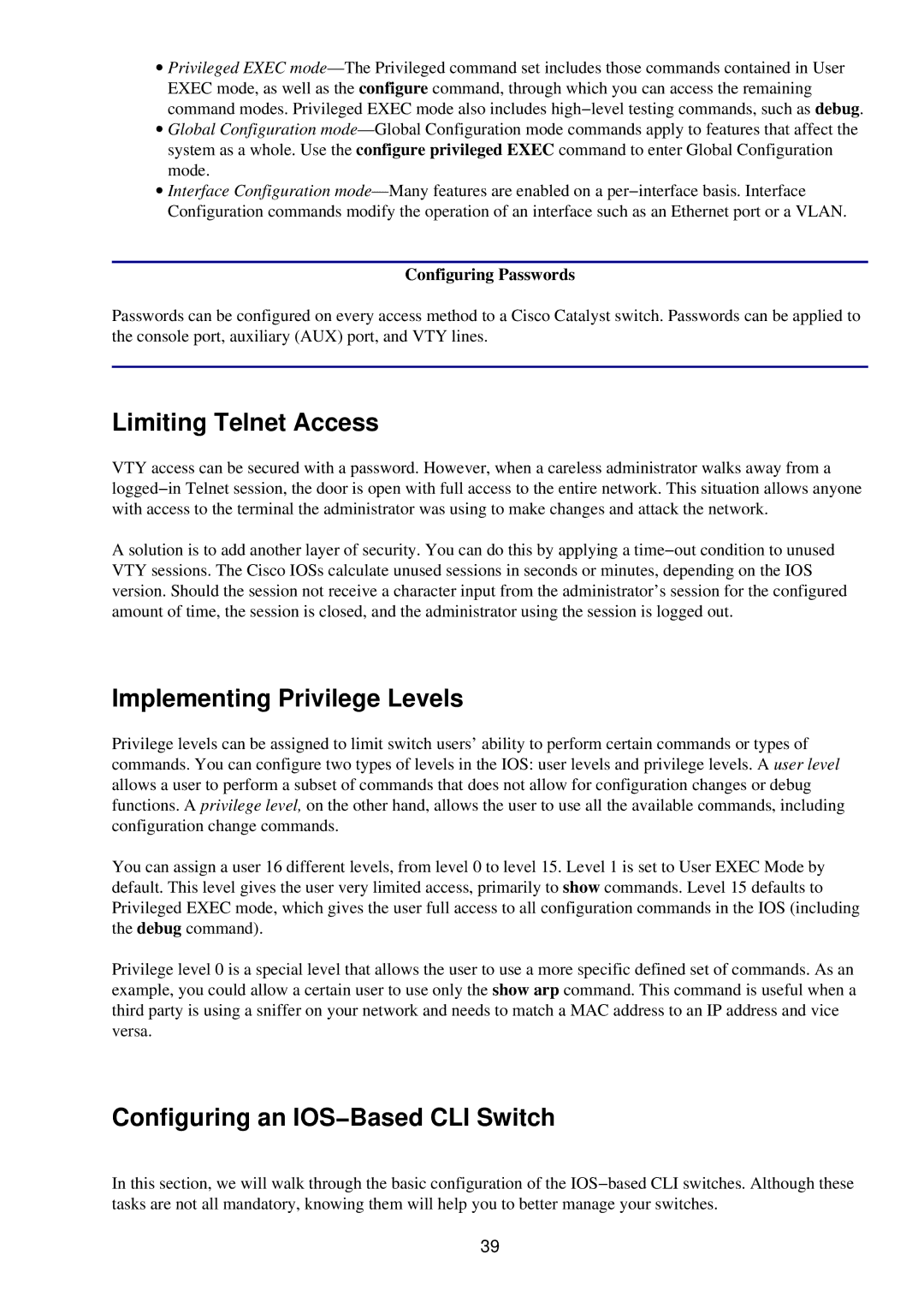 Cisco Systems RJ-45-to-AUX Limiting Telnet Access, Implementing Privilege Levels, Configuring an IOS−Based CLI Switch 