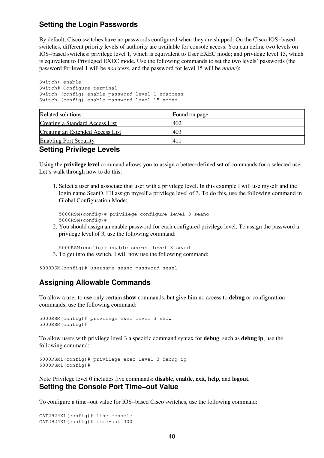 Cisco Systems RJ-45-to-AUX manual Setting the Login Passwords, Setting Privilege Levels, Assigning Allowable Commands 