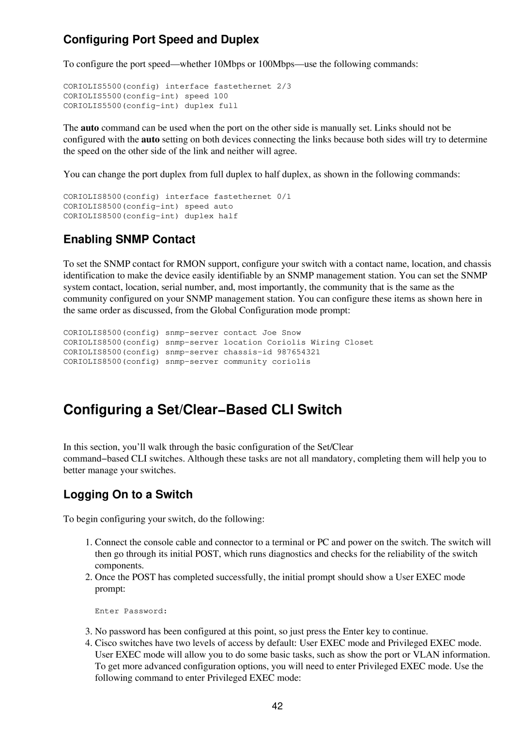 Cisco Systems RJ-45-to-AUX manual Configuring a Set/Clear−Based CLI Switch, Configuring Port Speed and Duplex 