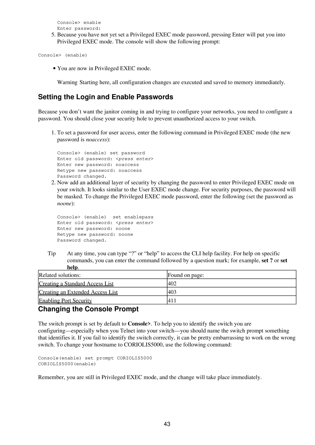 Cisco Systems RJ-45-to-AUX manual Setting the Login and Enable Passwords, Changing the Console Prompt, Help 