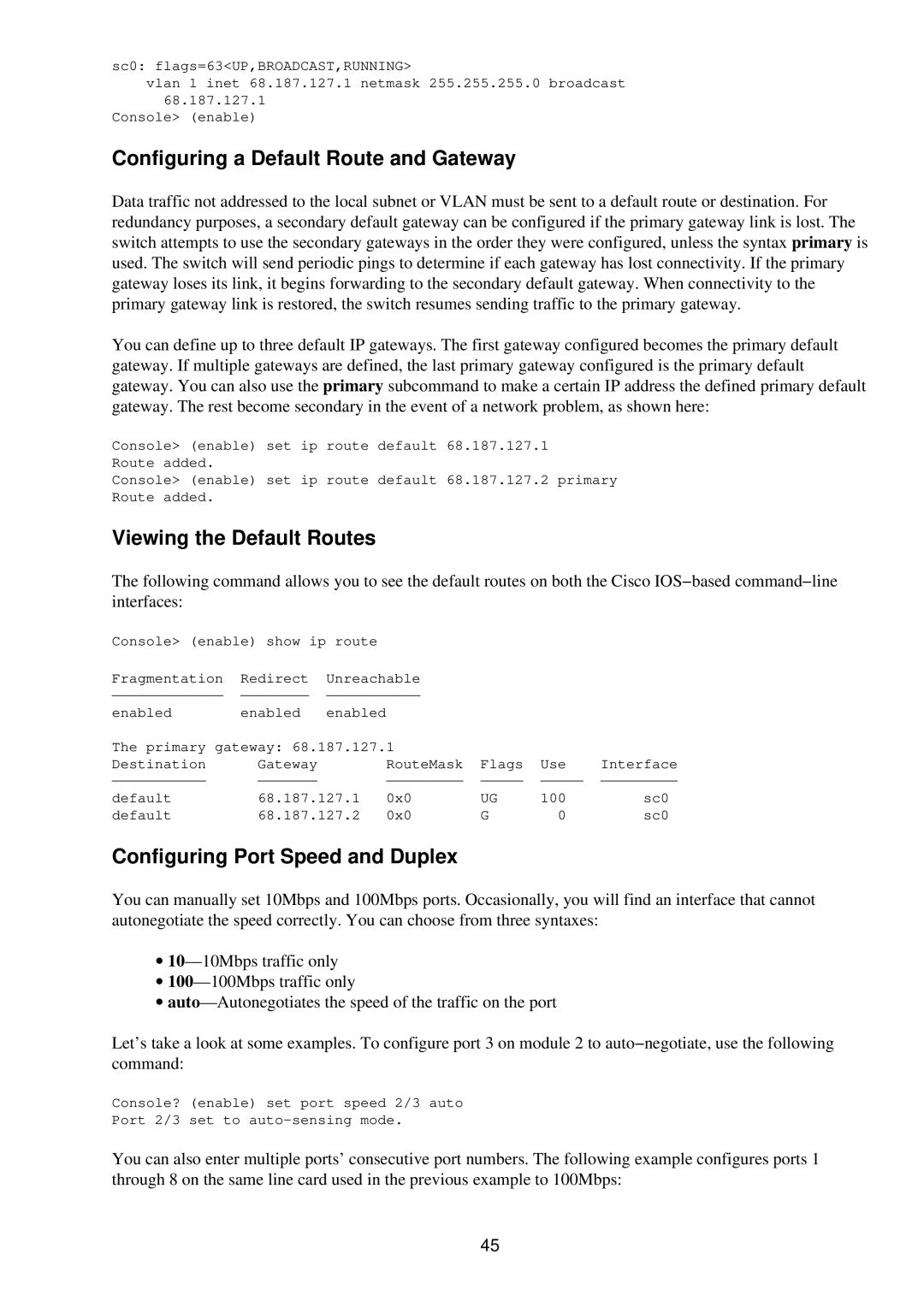 Cisco Systems RJ-45-to-AUX manual Configuring a Default Route and Gateway, Viewing the Default Routes 