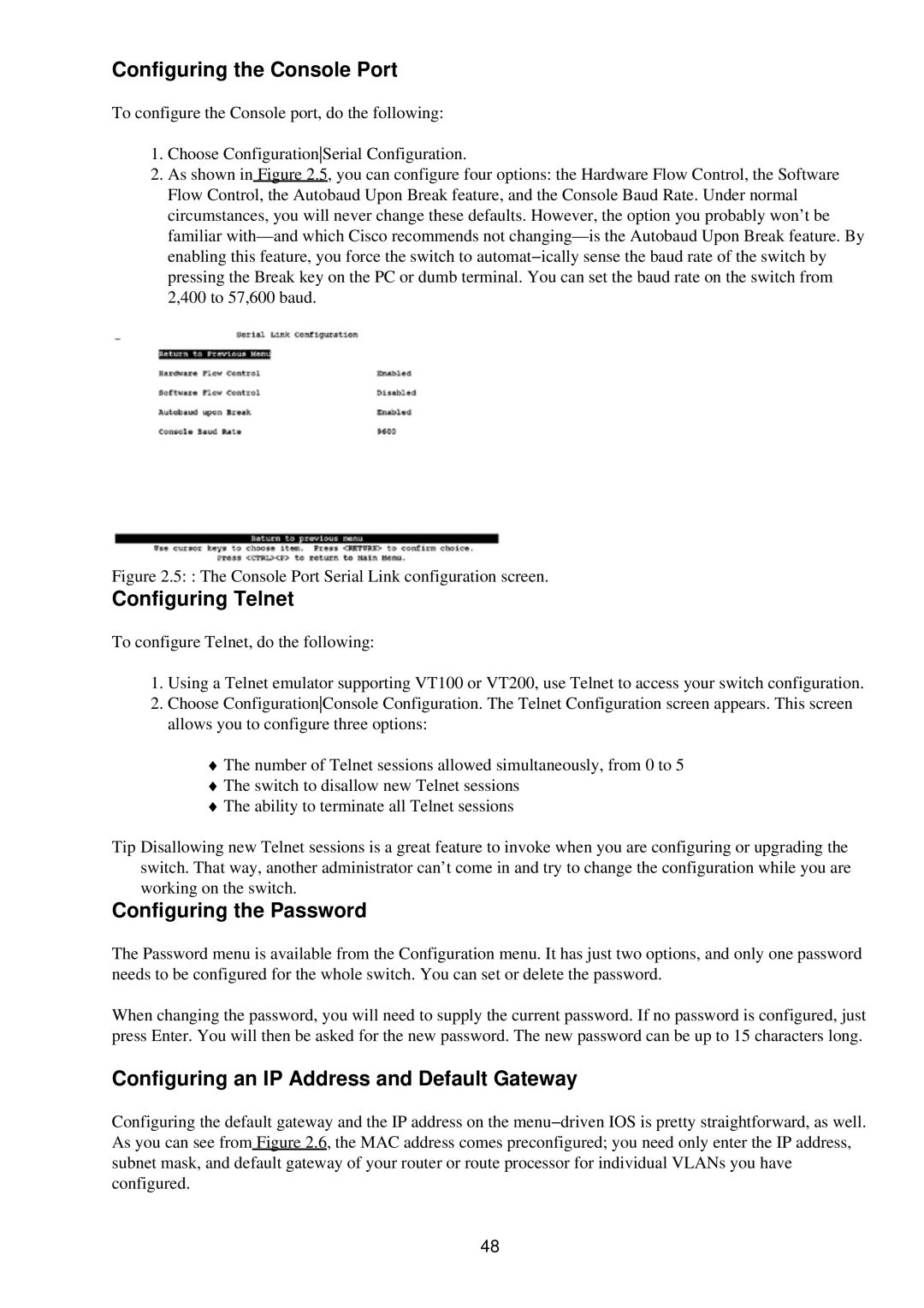 Cisco Systems RJ-45-to-AUX manual Configuring the Console Port, Configuring Telnet, Configuring the Password 