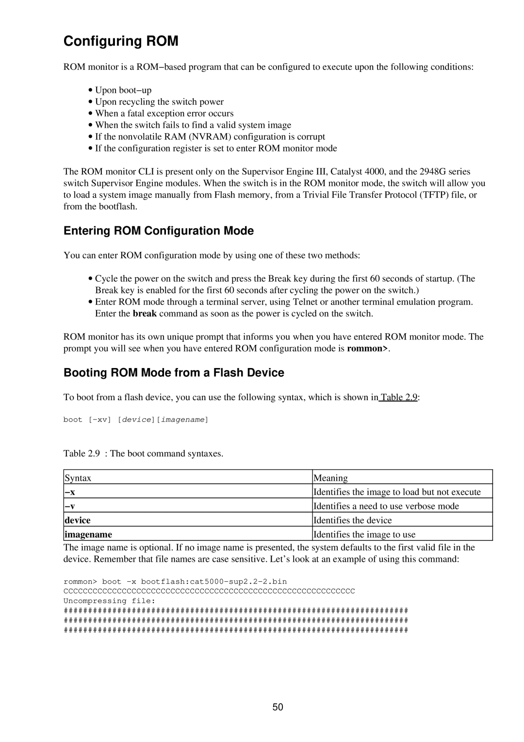 Cisco Systems RJ-45-to-AUX manual Configuring ROM, Entering ROM Configuration Mode, Booting ROM Mode from a Flash Device 